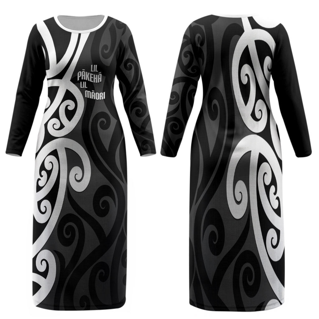 Lil Pakeha Lil Maori New Zealand Family Matching Long Sleeve Bodycon Dress and Hawaiian Shirt Kiwi Proud Mangopare Pattern