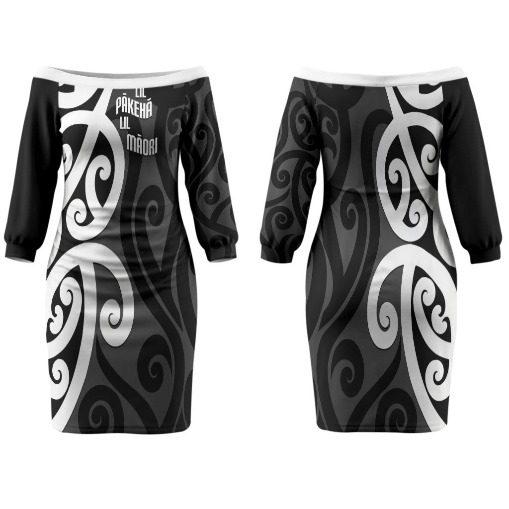 Lil Pakeha Lil Maori New Zealand Family Matching Off The Shoulder Long Sleeve Dress and Hawaiian Shirt Kiwi Proud Mangopare Pattern