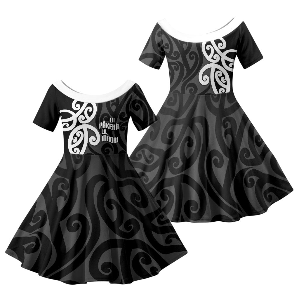 Lil Pakeha Lil Maori New Zealand Family Matching Off The Shoulder Long Sleeve Dress and Hawaiian Shirt Kiwi Proud Mangopare Pattern
