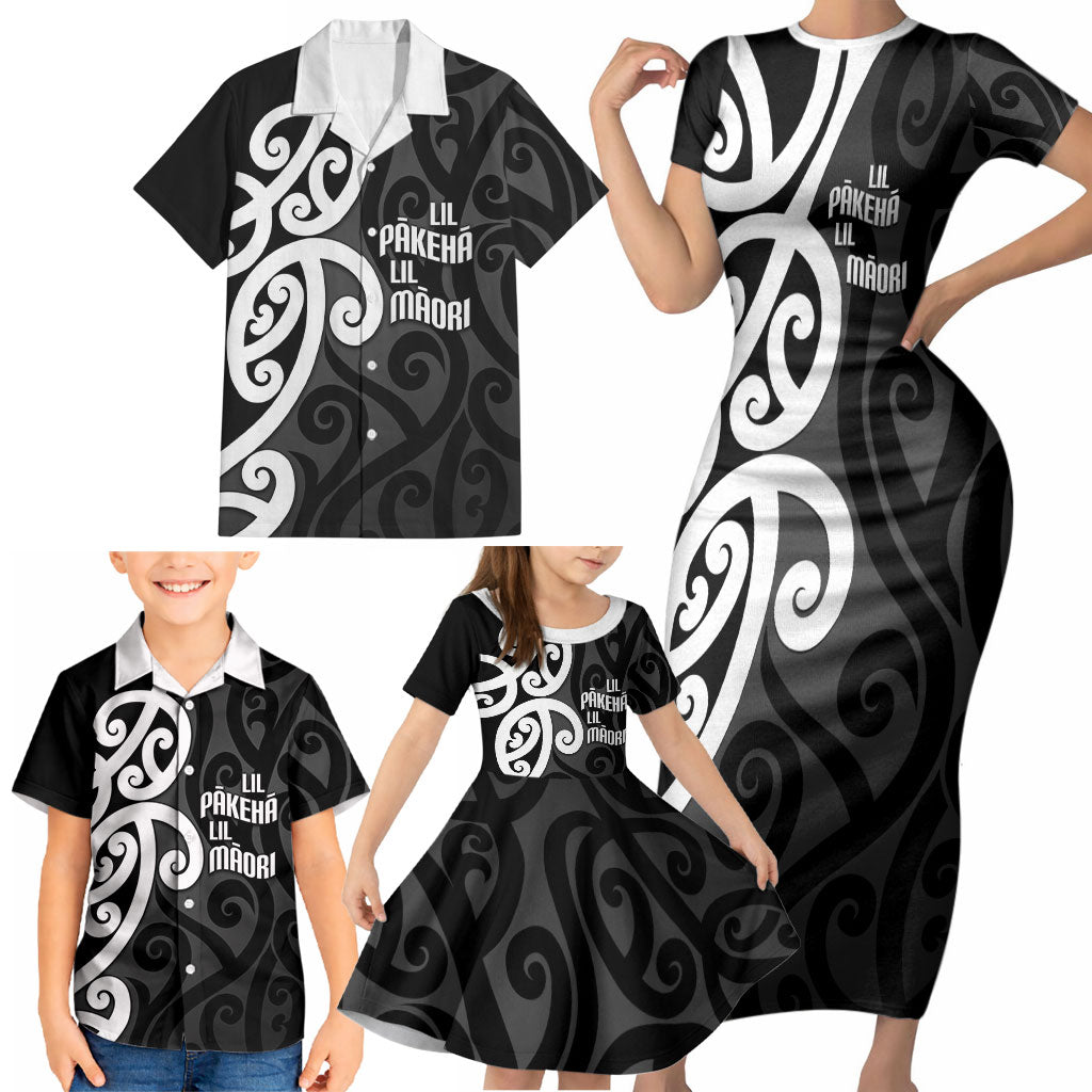 Lil Pakeha Lil Maori New Zealand Family Matching Short Sleeve Bodycon Dress and Hawaiian Shirt Kiwi Proud Mangopare Pattern