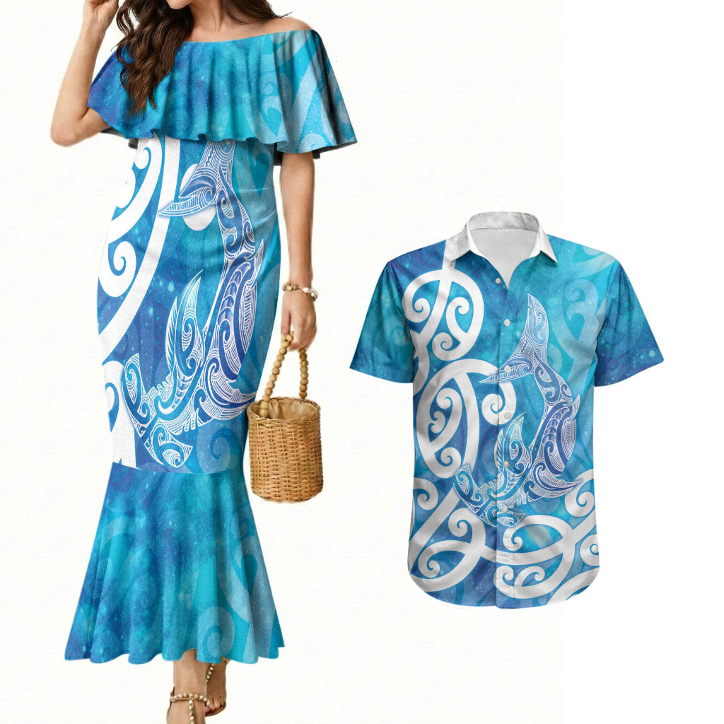 Hammerhead Shark Tattoo New Zealand Couples Matching Mermaid Dress and Hawaiian Shirt Maori Galaxy Mangopare Pattern