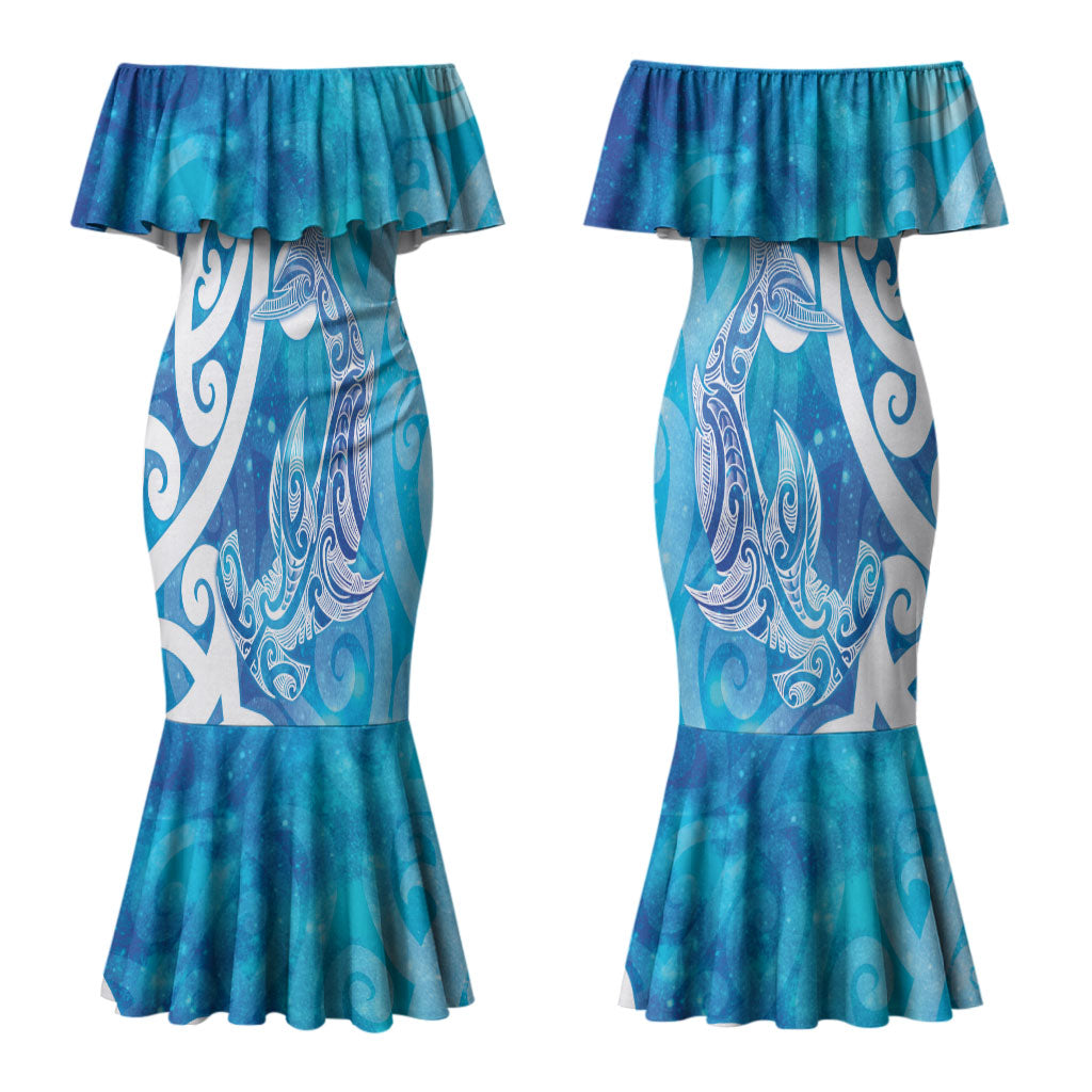 Hammerhead Shark Tattoo New Zealand Couples Matching Mermaid Dress and Hawaiian Shirt Maori Galaxy Mangopare Pattern