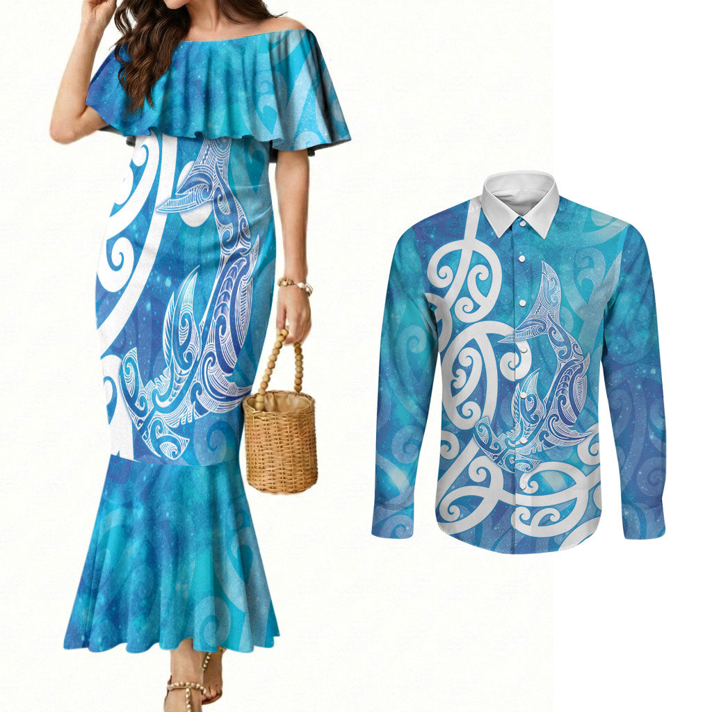 Hammerhead Shark Tattoo New Zealand Couples Matching Mermaid Dress and Long Sleeve Button Shirt Maori Galaxy Mangopare Pattern