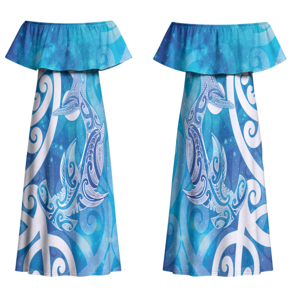 Hammerhead Shark Tattoo New Zealand Family Matching Off Shoulder Maxi Dress and Hawaiian Shirt Maori Galaxy Mangopare Pattern