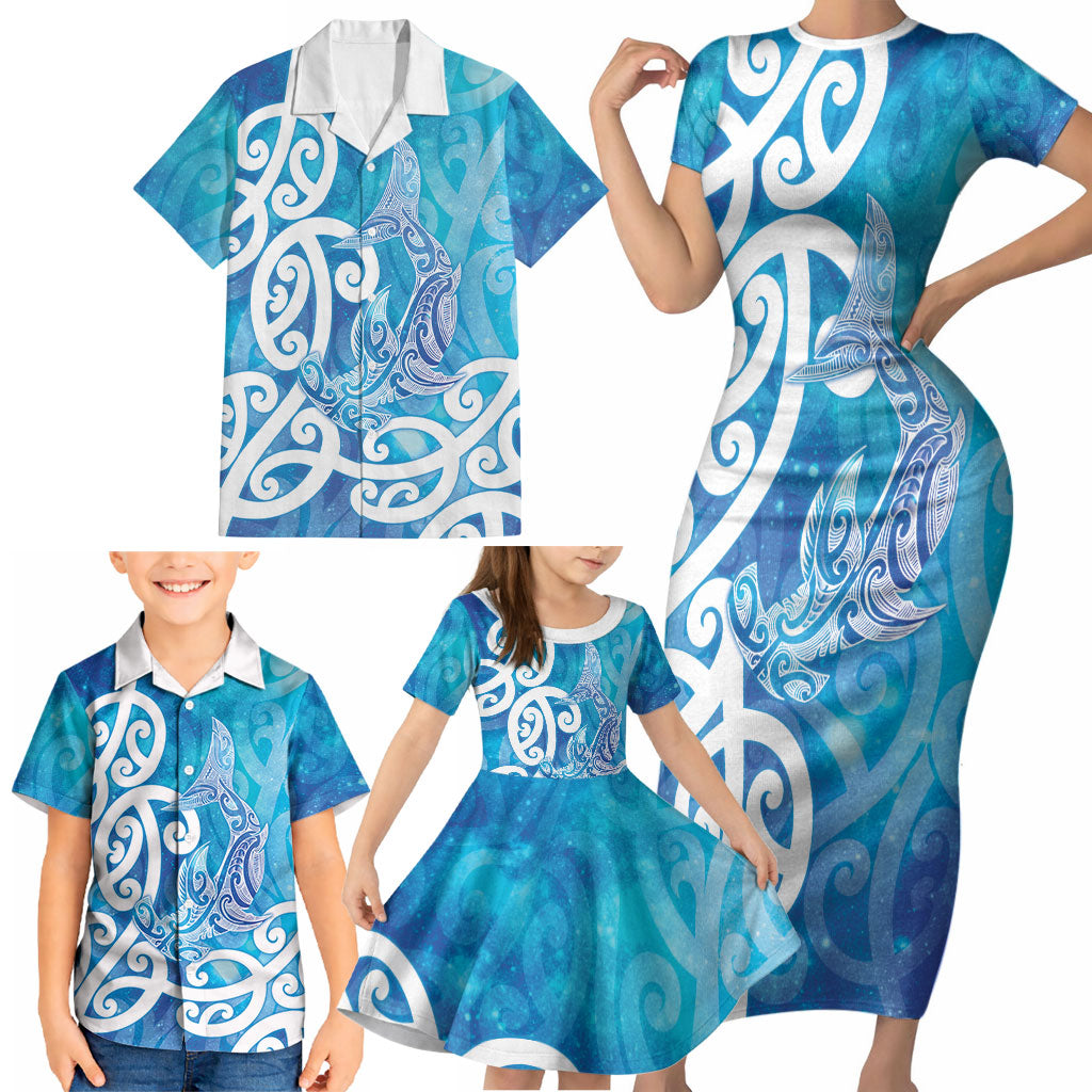 Hammerhead Shark Tattoo New Zealand Family Matching Short Sleeve Bodycon Dress and Hawaiian Shirt Maori Galaxy Mangopare Pattern LT14 - Polynesian Pride
