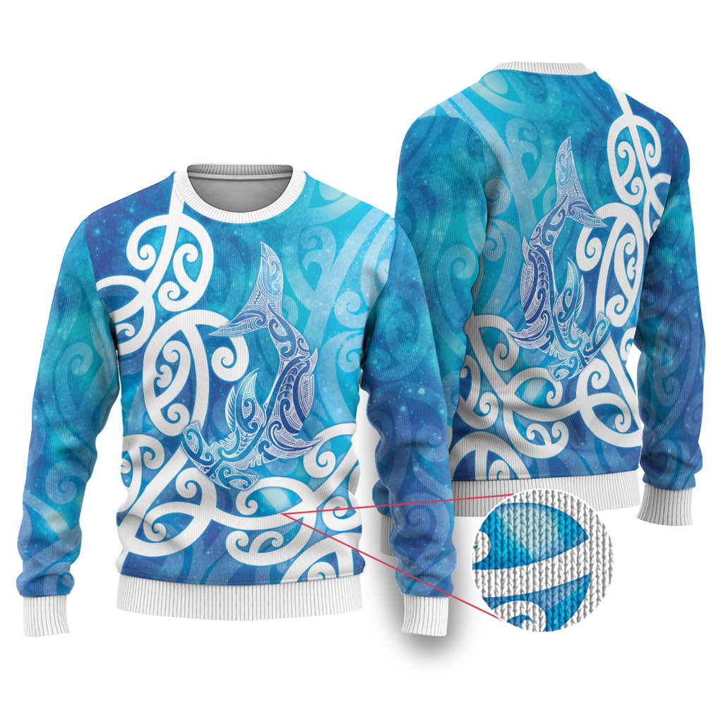 Hammerhead Shark Tattoo New Zealand Ugly Christmas Sweater Maori Galaxy Mangopare Pattern LT14 Turquoise - Polynesian Pride