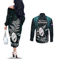 New Zealand Silver Fern Rugby Couples Matching Off The Shoulder Long Sleeve Dress and Long Sleeve Button Shirts Aotearoa All Black Dabbing Ball With Maori Paua Shell LT14 - Polynesian Pride