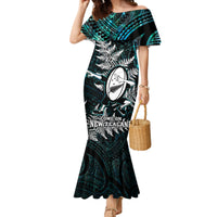 New Zealand Silver Fern Rugby Family Matching Mermaid Dress and Hawaiian Shirt Aotearoa All Black Dabbing Ball With Maori Paua Shell LT14 Mom's Dress Turquoise - Polynesian Pride