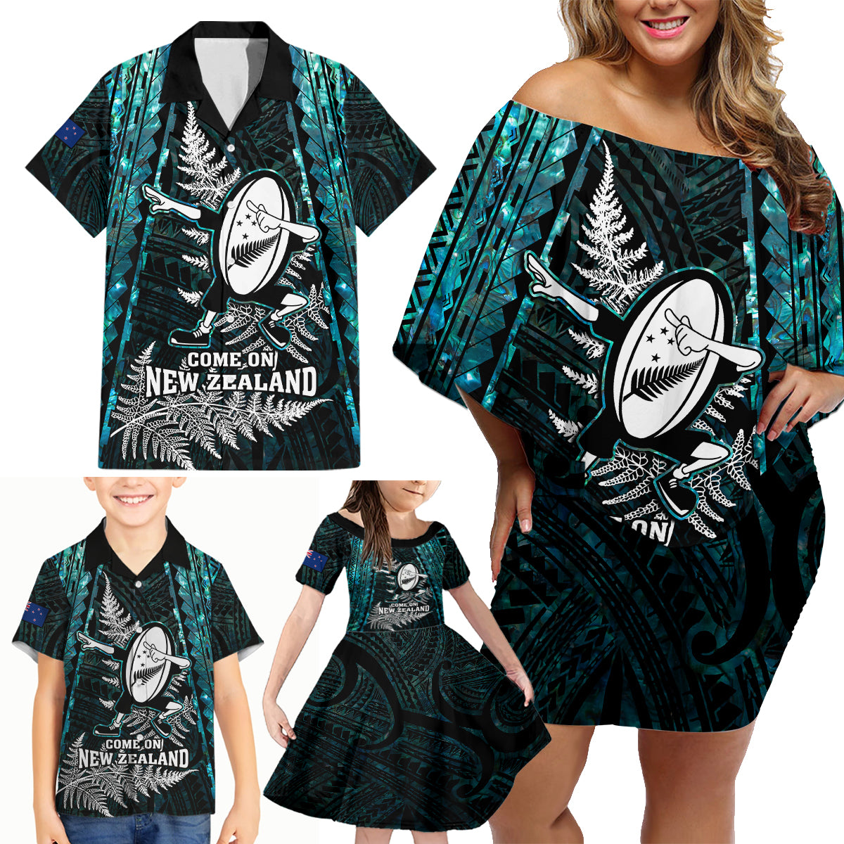 New Zealand Silver Fern Rugby Family Matching Off Shoulder Short Dress and Hawaiian Shirt Aotearoa All Black Dabbing Ball With Maori Paua Shell LT14 - Polynesian Pride