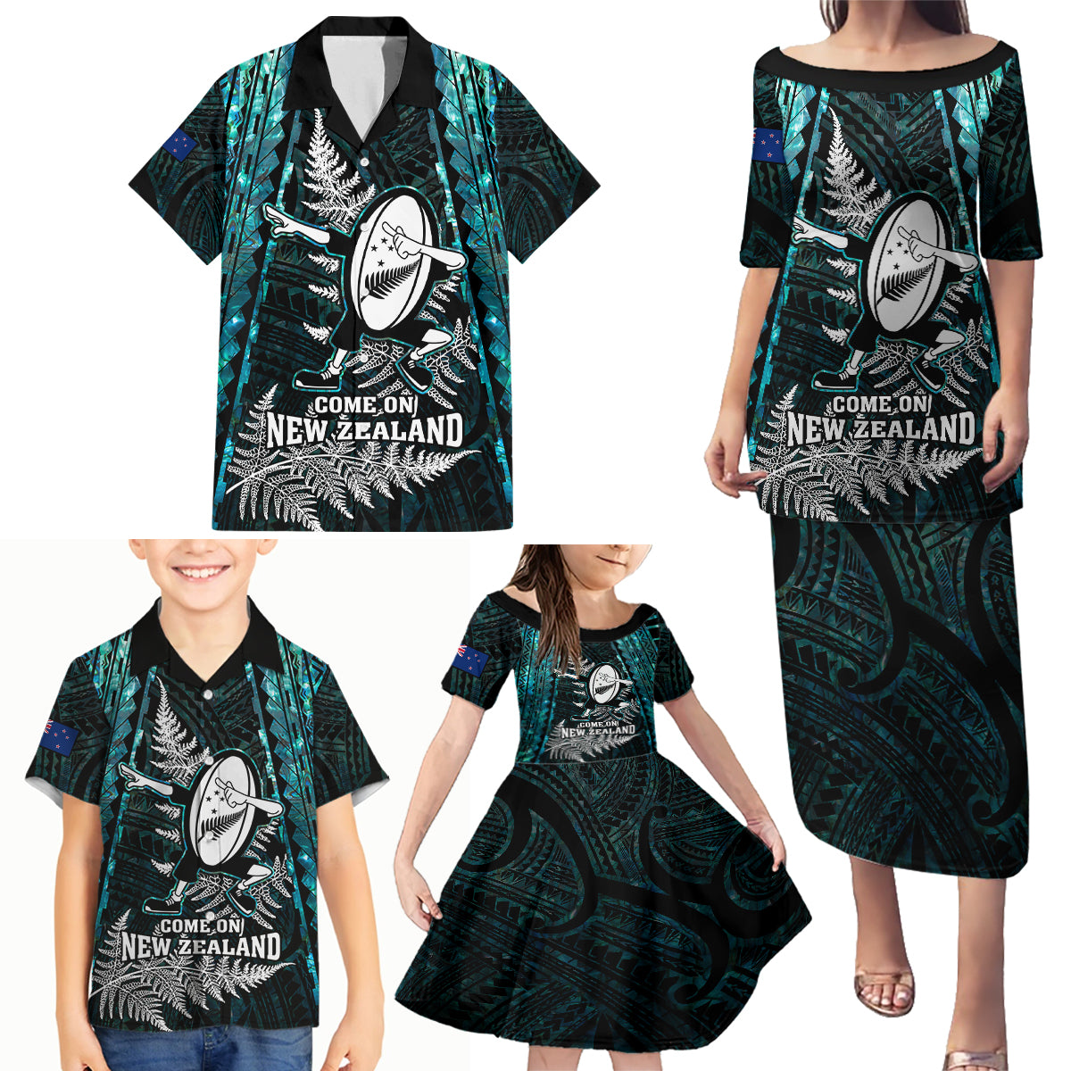 New Zealand Silver Fern Rugby Family Matching Puletasi Dress and Hawaiian Shirt Aotearoa All Black Dabbing Ball With Maori Paua Shell LT14 - Polynesian Pride