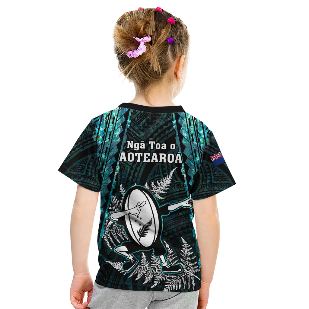 New Zealand Silver Fern Rugby Kid T Shirt Aotearoa All Black Dabbing Ball With Maori Paua Shell LT14 - Polynesian Pride