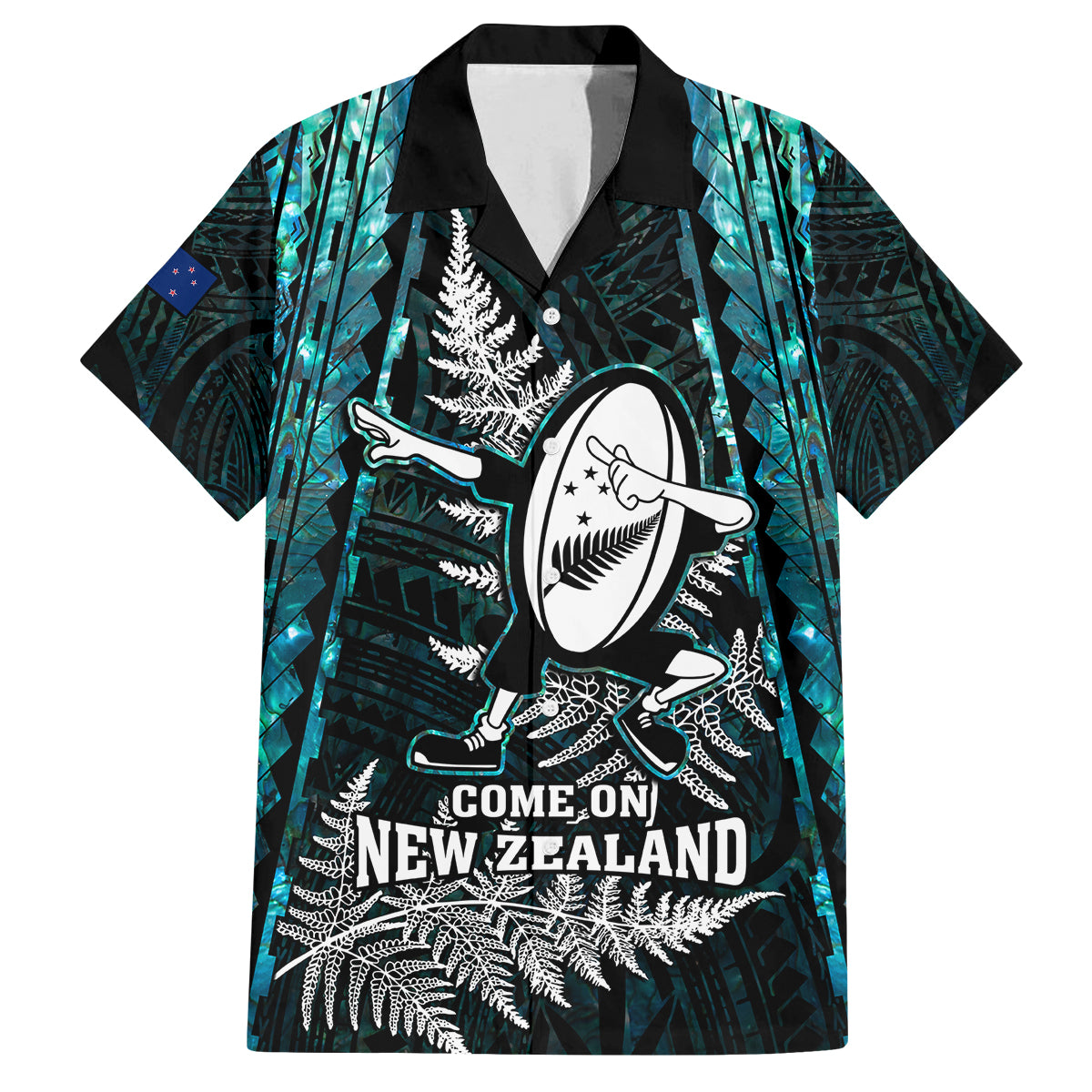 Custom New Zealand Silver Fern Rugby Family Matching Long Sleeve Bodycon Dress and Hawaiian Shirt Aotearoa All Black Dabbing Ball With Maori Paua Shell LT14 Dad's Shirt - Short Sleeve Turquoise - Polynesian Pride