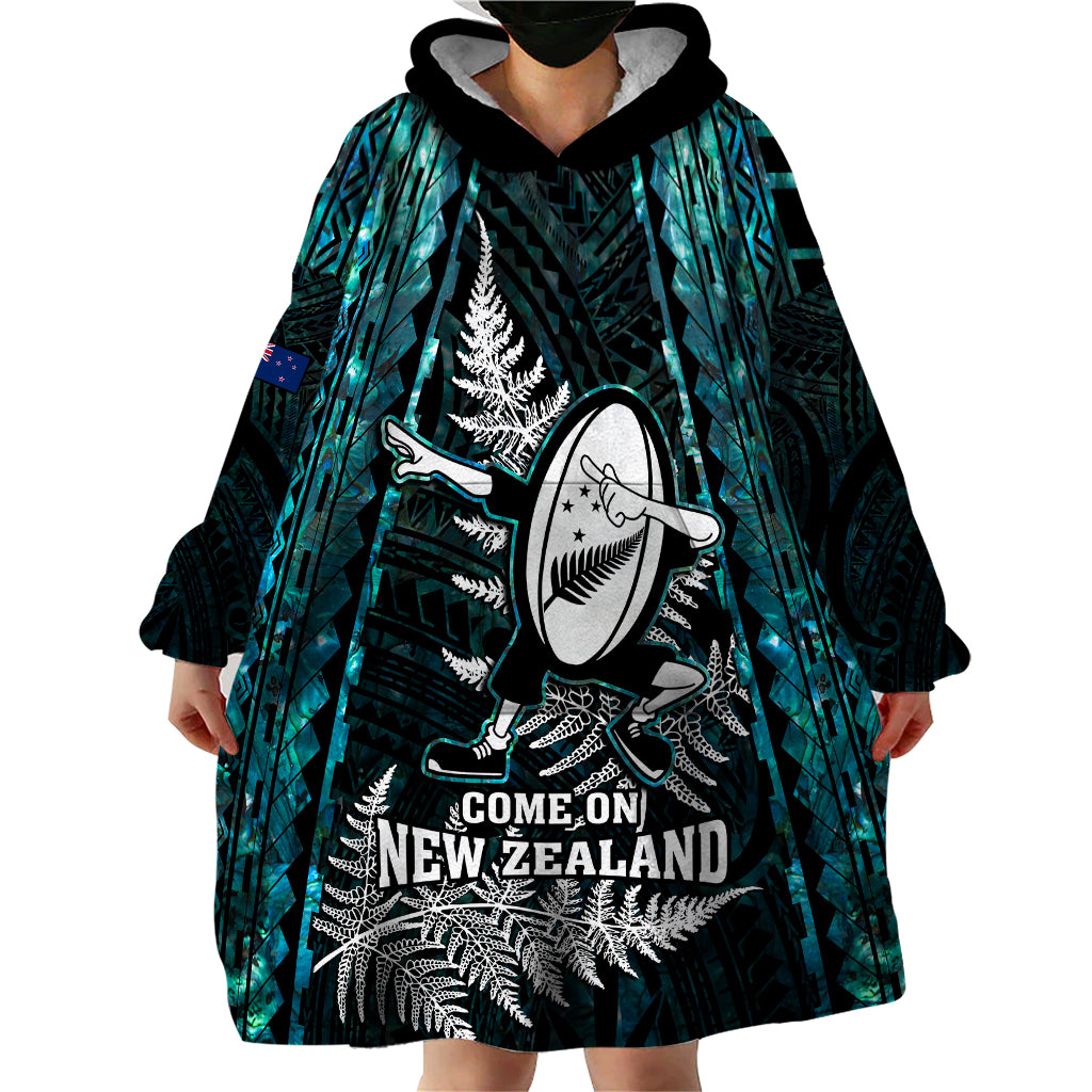 Custom New Zealand Silver Fern Rugby Wearable Blanket Hoodie Aotearoa All Black Dabbing Ball With Maori Paua Shell LT14 - Polynesian Pride