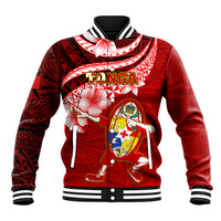 Tonga Rugby Baseball Jacket Ikale Tahi Tongan Ngatu Pattern With Dabbing Ball LT14 Unisex Red - Polynesian Pride
