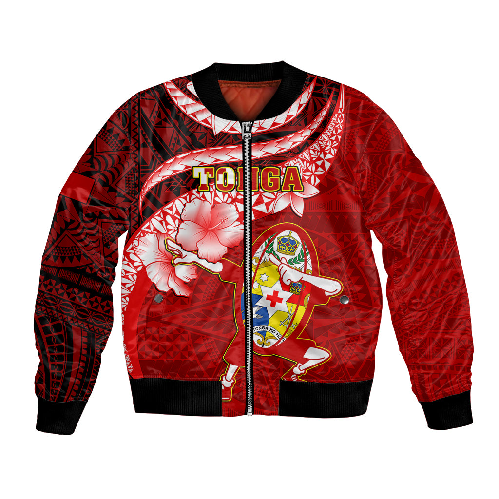 Tonga Rugby Bomber Jacket Ikale Tahi Tongan Ngatu Pattern With Dabbing Ball LT14 Unisex Red - Polynesian Pride
