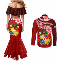 Tonga Rugby Couples Matching Mermaid Dress and Long Sleeve Button Shirts Ikale Tahi Tongan Ngatu Pattern With Dabbing Ball LT14 - Polynesian Pride