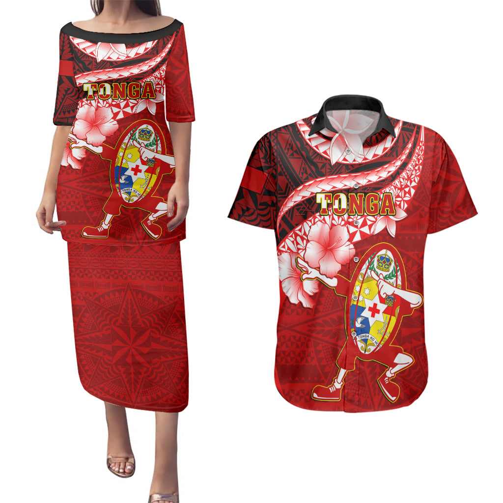 Tonga Rugby Couples Matching Puletasi Dress and Hawaiian Shirt Ikale Tahi Tongan Ngatu Pattern With Dabbing Ball LT14 Red - Polynesian Pride