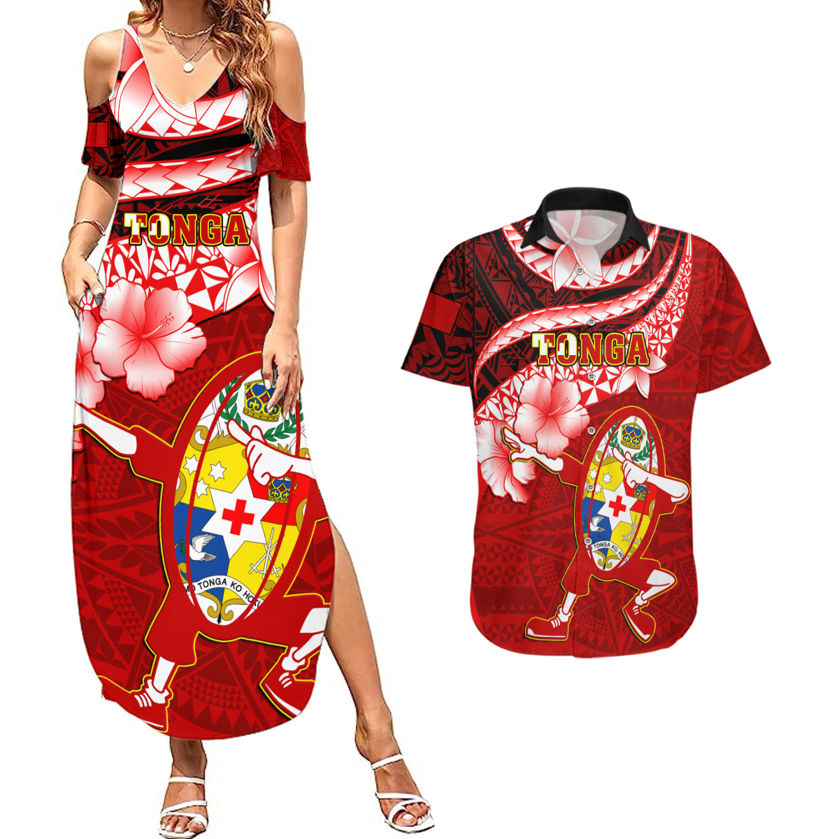 Tonga Rugby Couples Matching Summer Maxi Dress and Hawaiian Shirt Ikale Tahi Tongan Ngatu Pattern With Dabbing Ball LT14 Red - Polynesian Pride
