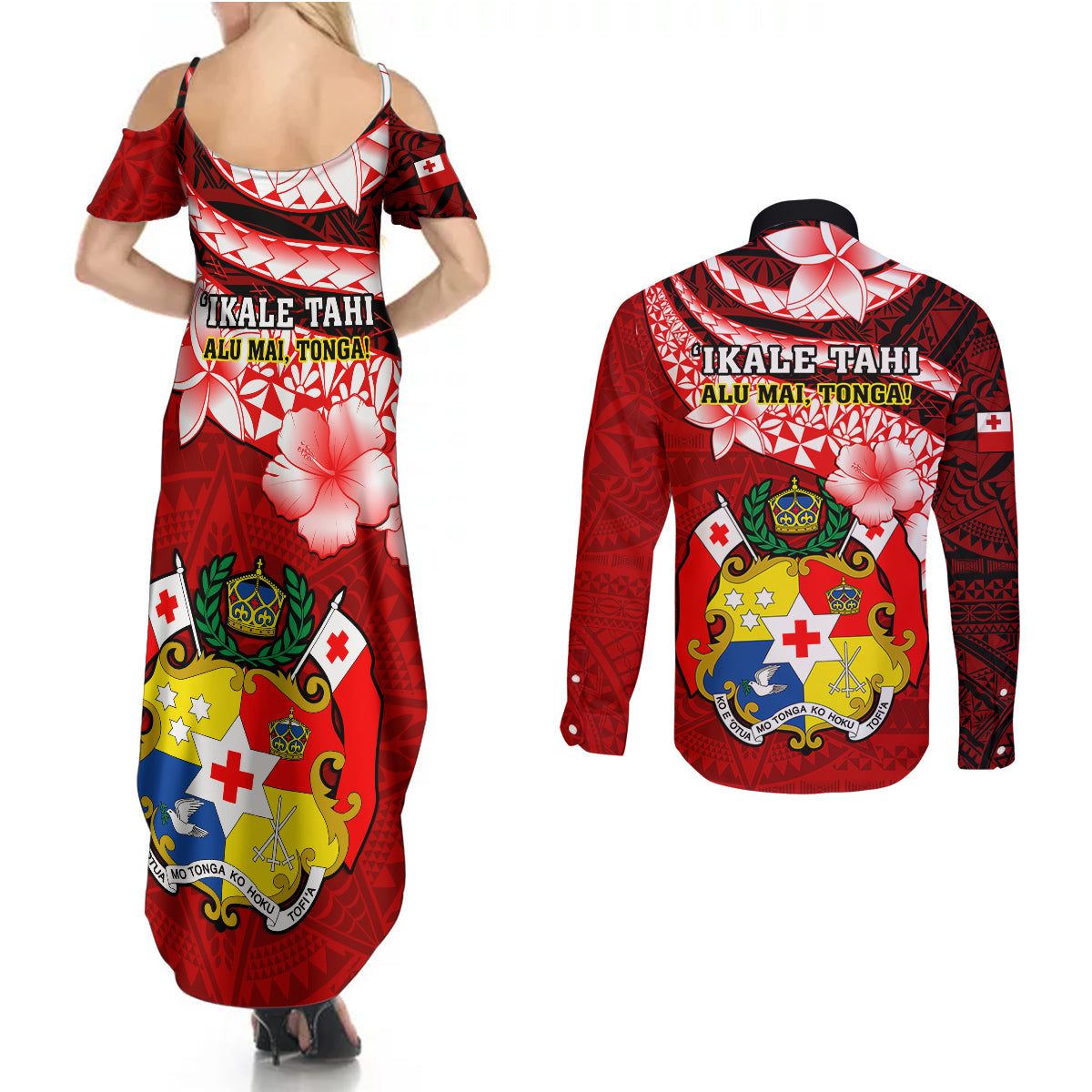 Tonga Rugby Couples Matching Summer Maxi Dress and Long Sleeve Button Shirts Ikale Tahi Tongan Ngatu Pattern With Dabbing Ball LT14 - Polynesian Pride