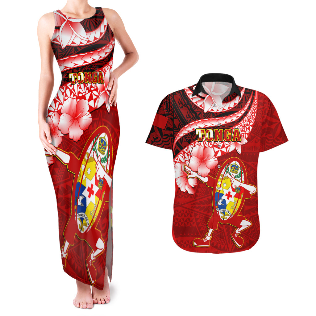 Tonga Rugby Couples Matching Tank Maxi Dress and Hawaiian Shirt Ikale Tahi Tongan Ngatu Pattern With Dabbing Ball LT14 Red - Polynesian Pride