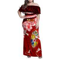 Tonga Rugby Family Matching Off Shoulder Maxi Dress and Hawaiian Shirt Ikale Tahi Tongan Ngatu Pattern With Dabbing Ball LT14 Mom's Dress Red - Polynesian Pride