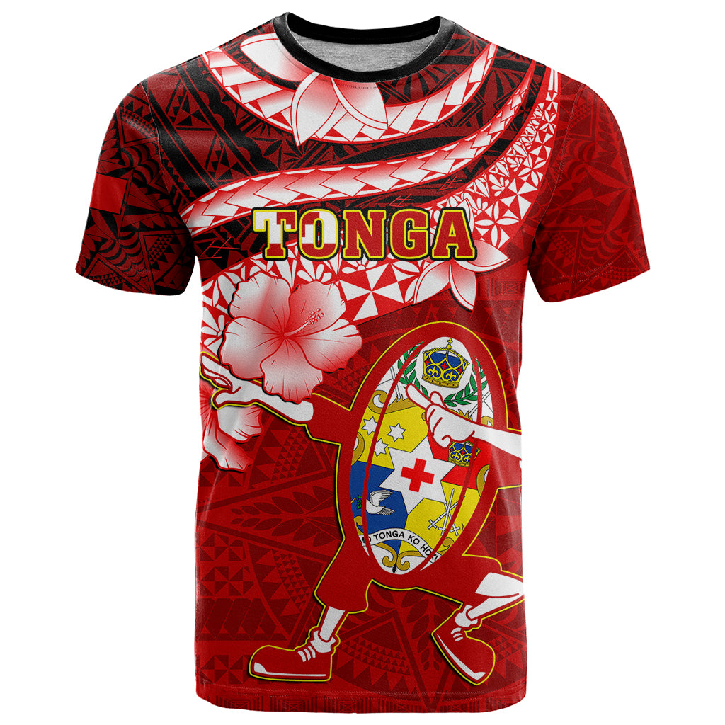 Tonga Rugby T Shirt Ikale Tahi Tongan Ngatu Pattern With Dabbing Ball LT14 Red - Polynesian Pride