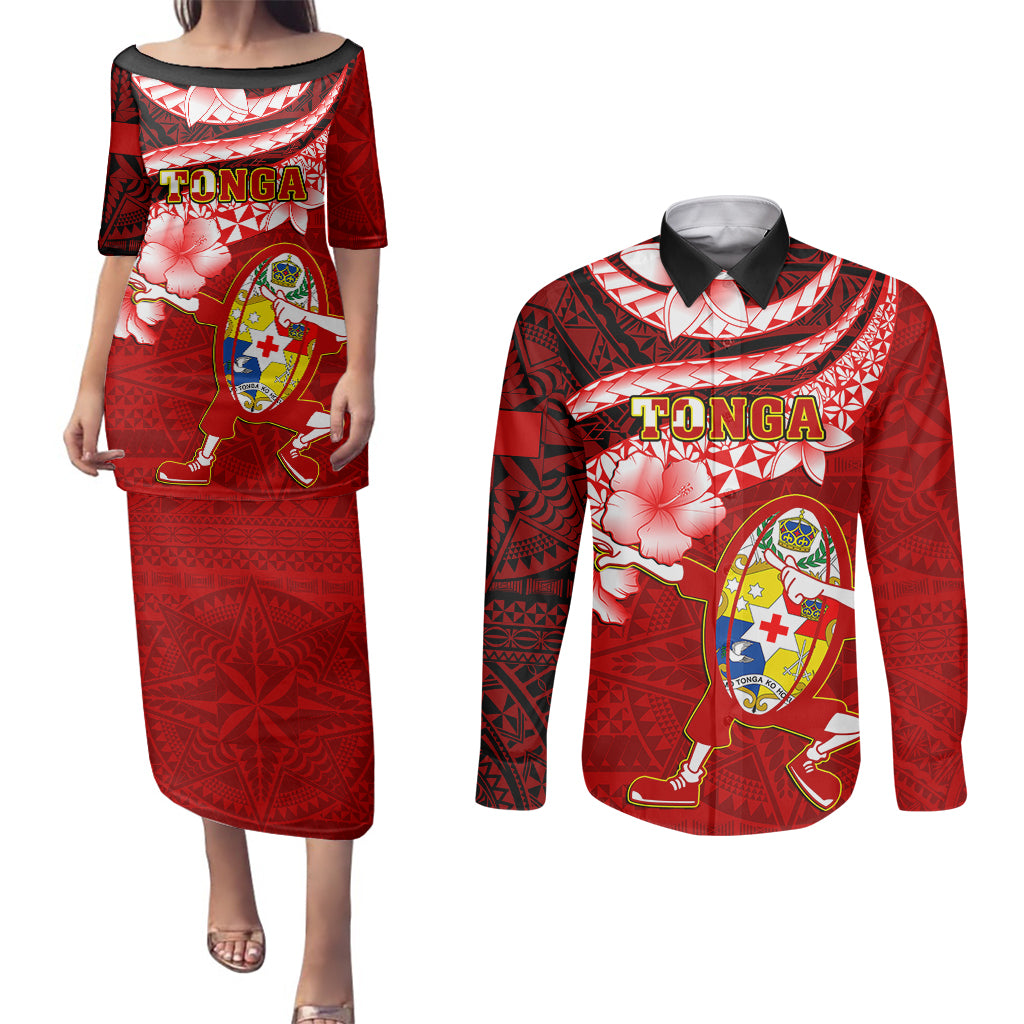 Custom Tonga Rugby Couples Matching Puletasi Dress and Long Sleeve Button Shirts Ikale Tahi Tongan Ngatu Pattern With Dabbing Ball LT14 Red - Polynesian Pride