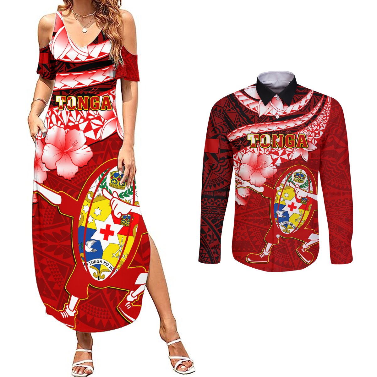 Custom Tonga Rugby Couples Matching Summer Maxi Dress and Long Sleeve Button Shirts Ikale Tahi Tongan Ngatu Pattern With Dabbing Ball LT14 Red - Polynesian Pride