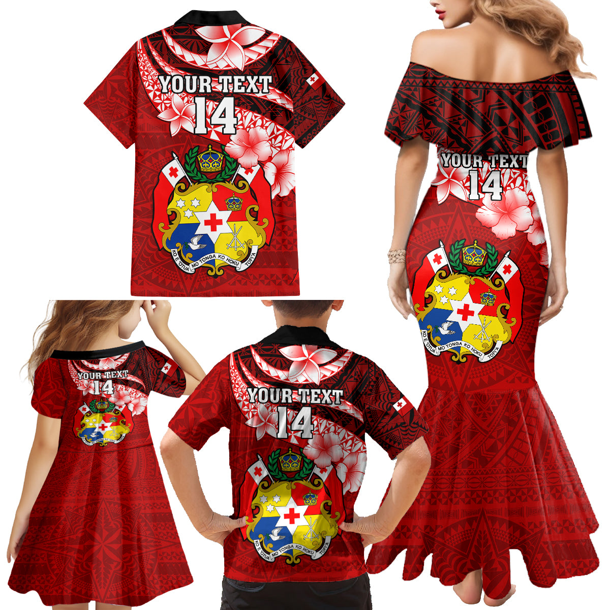 Custom Tonga Rugby Family Matching Mermaid Dress and Hawaiian Shirt Ikale Tahi Tongan Ngatu Pattern With Dabbing Ball LT14 - Polynesian Pride