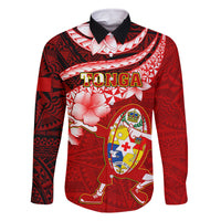 Custom Tonga Rugby Family Matching Off Shoulder Maxi Dress and Hawaiian Shirt Ikale Tahi Tongan Ngatu Pattern With Dabbing Ball LT14 Dad's Shirt - Long Sleeve Red - Polynesian Pride