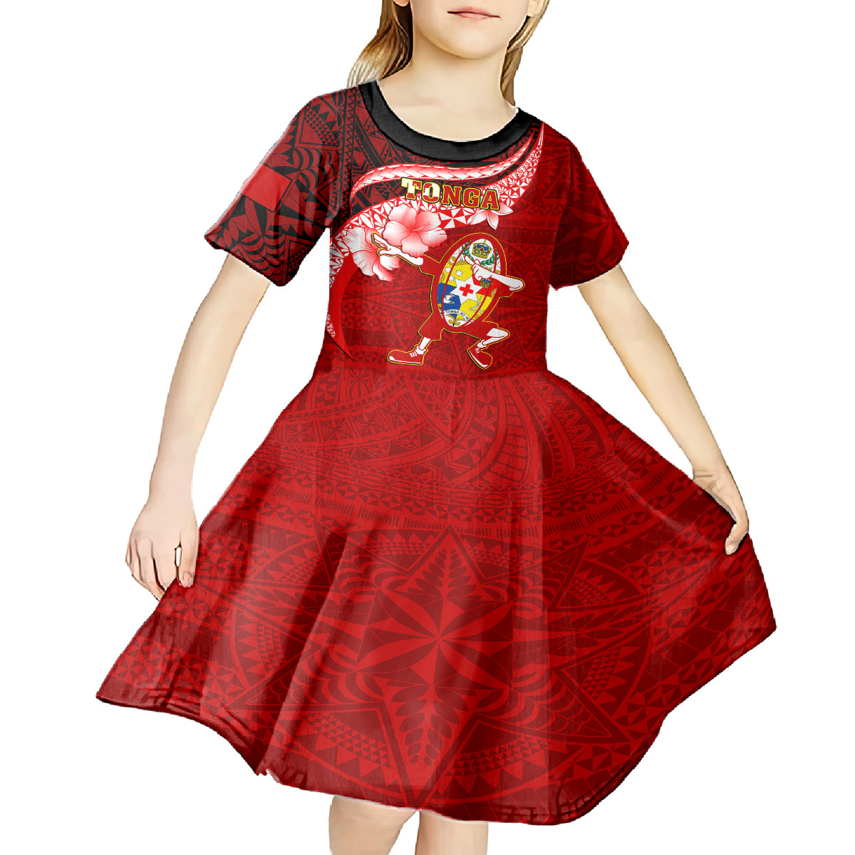 Custom Tonga Rugby Kid Short Sleeve Dress Ikale Tahi Tongan Ngatu Pattern With Dabbing Ball LT14 - Polynesian Pride