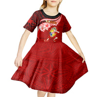 Custom Tonga Rugby Kid Short Sleeve Dress Ikale Tahi Tongan Ngatu Pattern With Dabbing Ball LT14 - Polynesian Pride