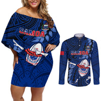 Samoa Rugby Couples Matching Off Shoulder Short Dress and Long Sleeve Button Shirts Manu Samoa Ula Fala Dabbing Ball Polynesian Blue Version LT14 Blue - Polynesian Pride