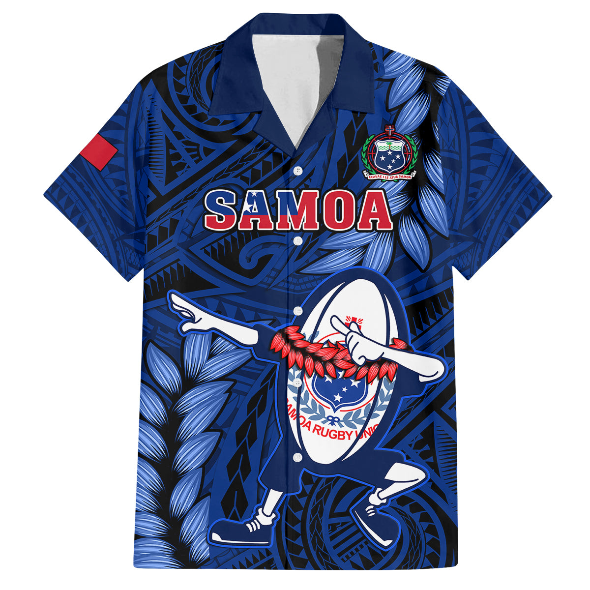 Samoa Rugby Family Matching Puletasi Dress and Hawaiian Shirt Manu Samoa Ula Fala Dabbing Ball Polynesian Blue Version LT14 Dad's Shirt - Short Sleeve Blue - Polynesian Pride