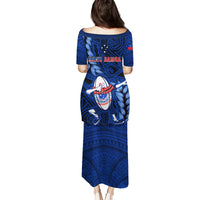 Samoa Rugby Family Matching Puletasi Dress and Hawaiian Shirt Manu Samoa Ula Fala Dabbing Ball Polynesian Blue Version LT14 - Polynesian Pride