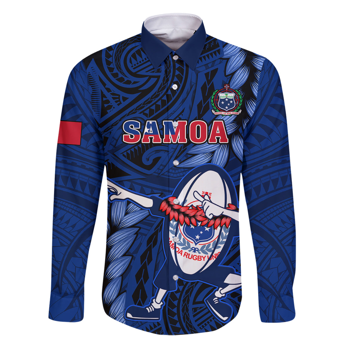 Samoa Rugby Family Matching Summer Maxi Dress and Hawaiian Shirt Manu Samoa Ula Fala Dabbing Ball Polynesian Blue Version LT14 Dad's Shirt - Long Sleeve Blue - Polynesian Pride
