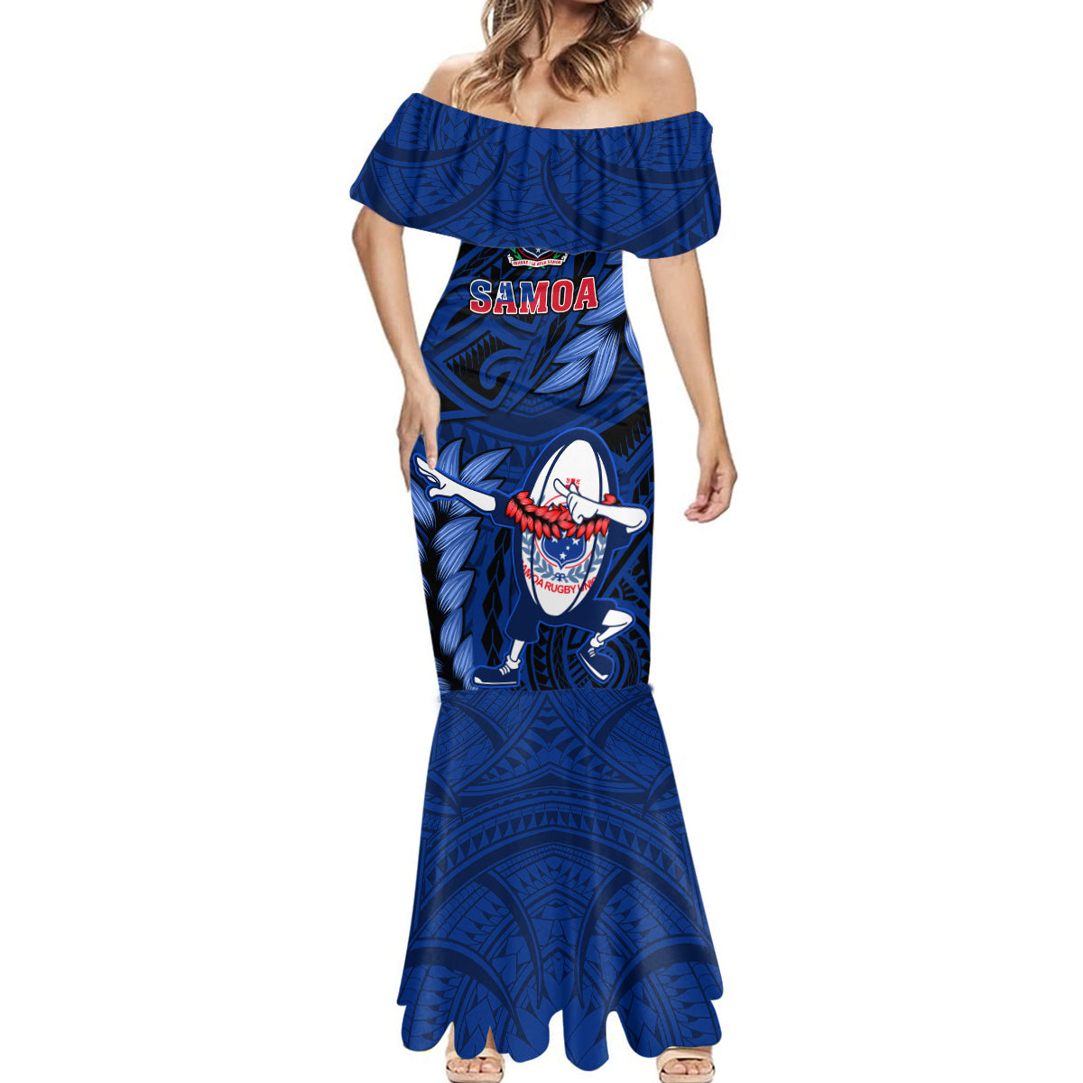 Samoa Rugby Mermaid Dress Manu Samoa Ula Fala Dabbing Ball Polynesian Blue Version LT14 - Polynesian Pride