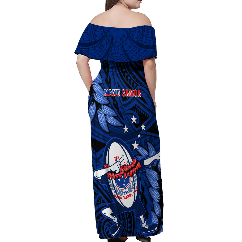 Samoa Rugby Off Shoulder Maxi Dress Manu Samoa Ula Fala Dabbing Ball Polynesian Blue Version LT14 - Polynesian Pride