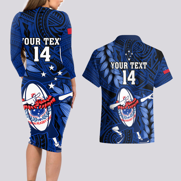 Custom Samoa Rugby Family Matching Off Shoulder Short Dress and Hawaiian Shirt Manu Samoa Ula Fala Dabbing Ball Polynesian Blue Version LT14 main image 1