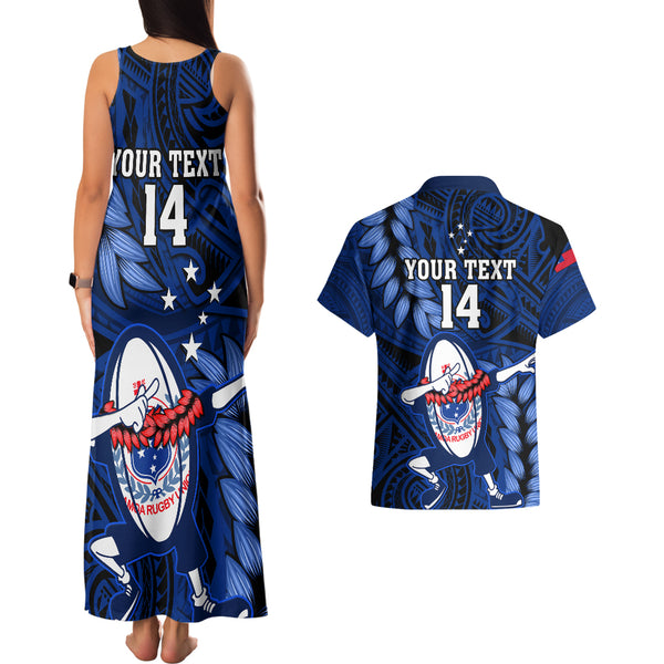 Custom Samoa Rugby Family Matching Off Shoulder Short Dress and Hawaiian Shirt Manu Samoa Ula Fala Dabbing Ball Polynesian Blue Version LT14 main image 0