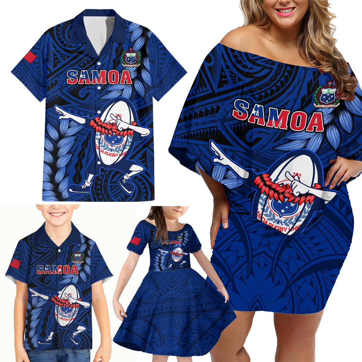 Custom Samoa Rugby Family Matching Off Shoulder Short Dress and Hawaiian Shirt Manu Samoa Ula Fala Dabbing Ball Polynesian Blue Version LT14 - Polynesian Pride