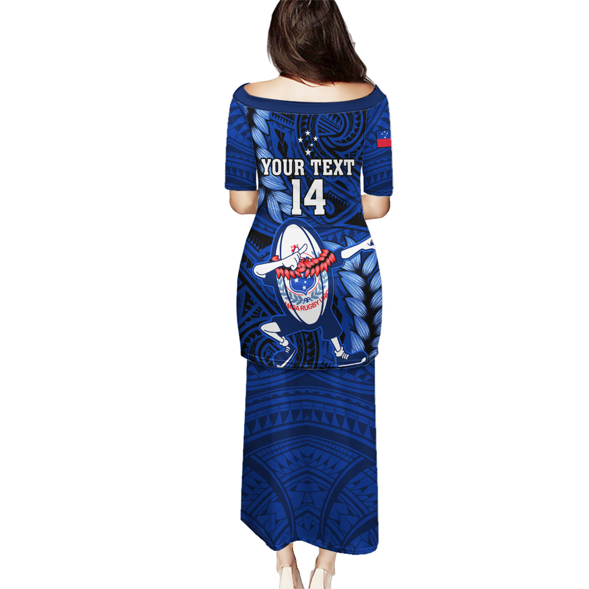 Custom Samoa Rugby Family Matching Puletasi Dress and Hawaiian Shirt Manu Samoa Ula Fala Dabbing Ball Polynesian Blue Version LT14 - Polynesian Pride