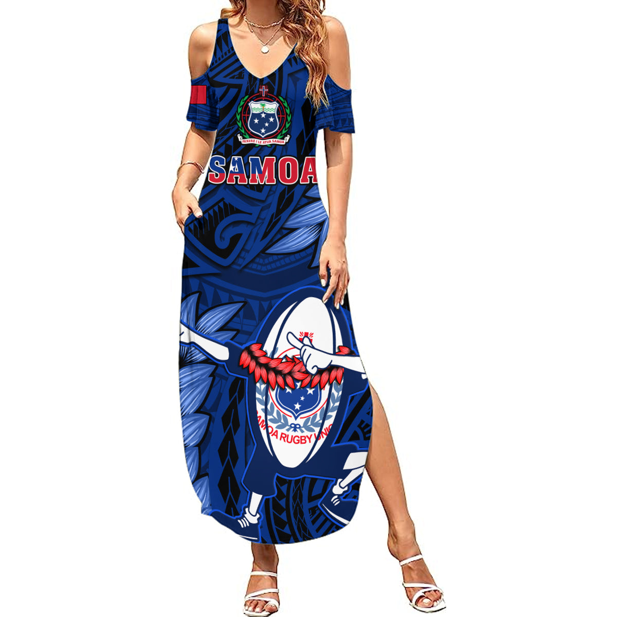 Custom Samoa Rugby Summer Maxi Dress Manu Samoa Ula Fala Dabbing Ball Polynesian Blue Version LT14 Women Blue - Polynesian Pride