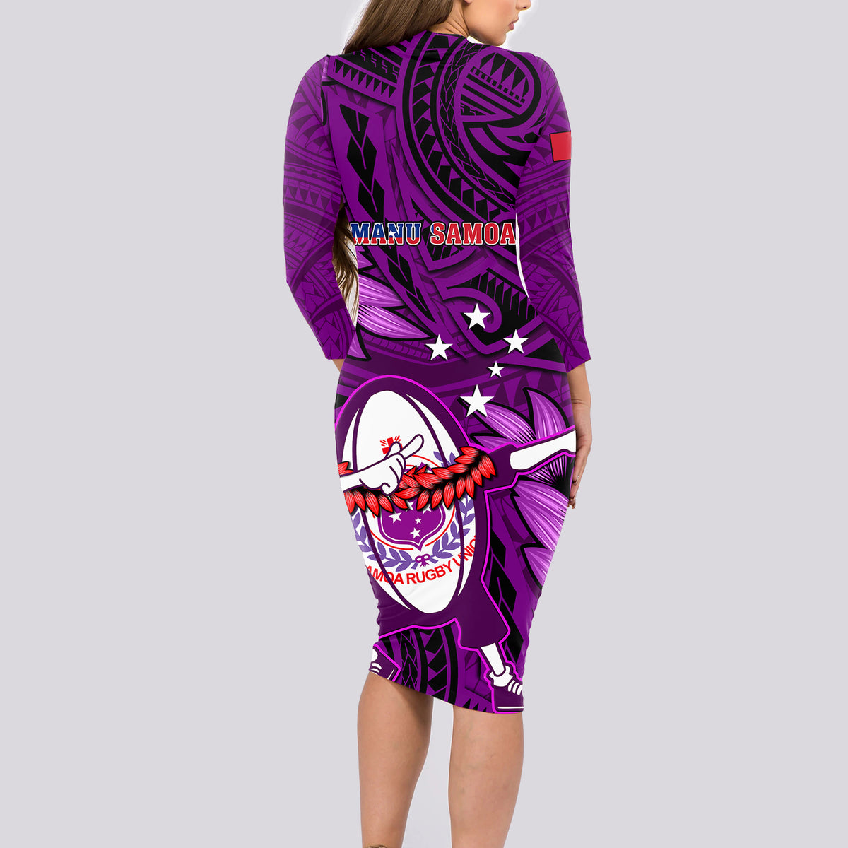 Samoa Rugby Long Sleeve Bodycon Dress Manu Samoa Ula Fala Dabbing Ball Polynesian Purple Version LT14 - Polynesian Pride