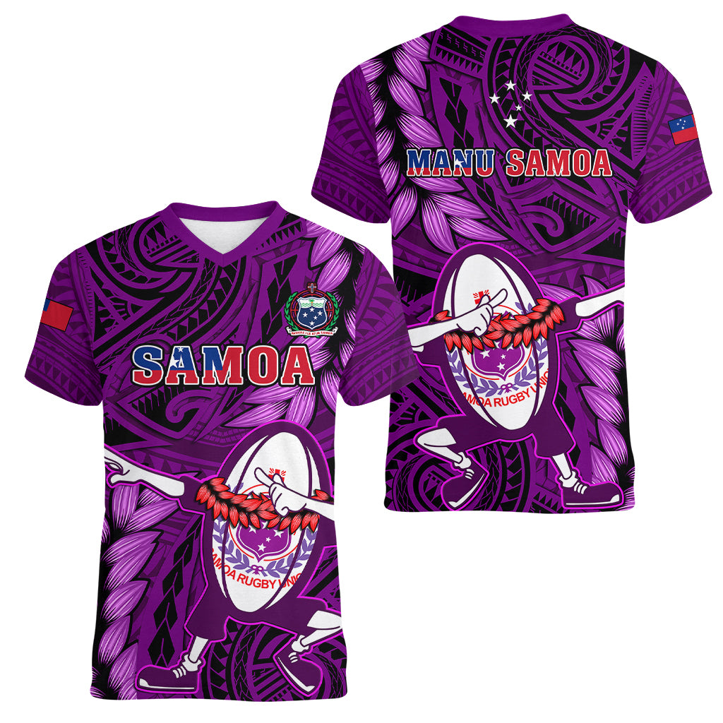 Samoa Rugby Women V Neck T Shirt Manu Samoa Ula Fala Dabbing Ball Polynesian Purple Version LT14 - Polynesian Pride
