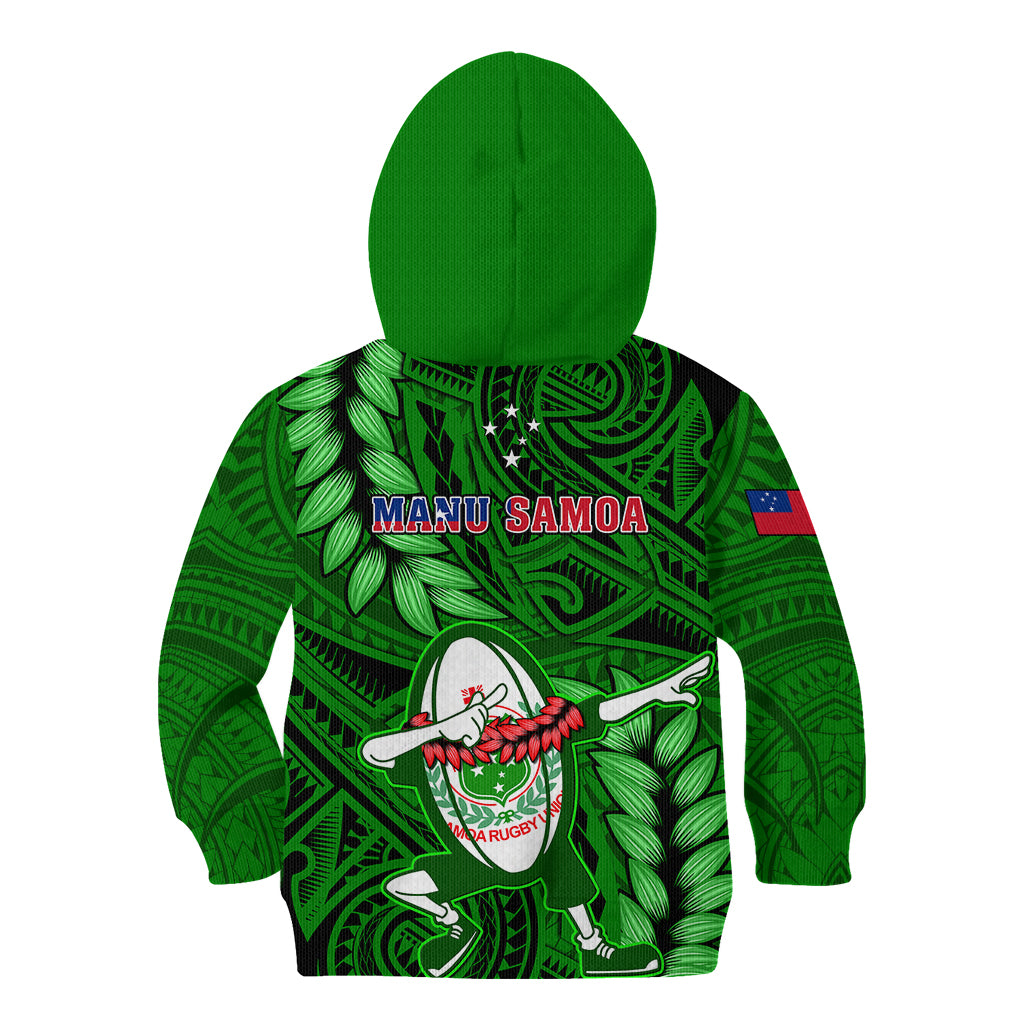 Samoa Rugby Kid Hoodie Manu Samoa Ula Fala Dabbing Ball Polynesian Green Version LT14 - Polynesian Pride