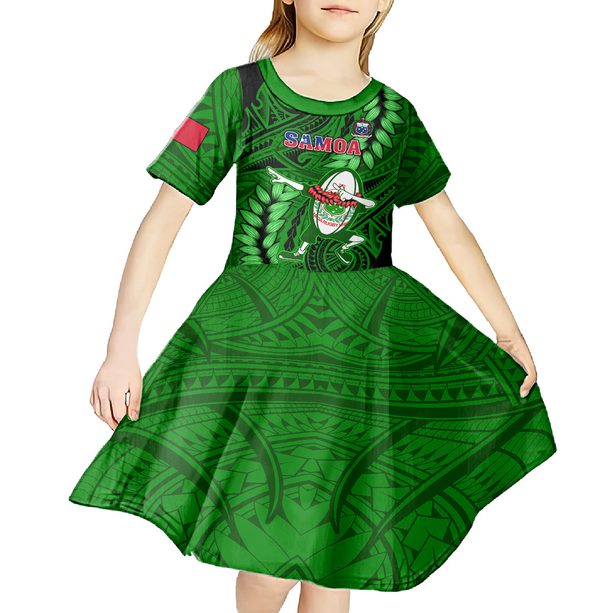 Samoa Rugby Kid Short Sleeve Dress Manu Samoa Ula Fala Dabbing Ball Polynesian Green Version LT14 - Polynesian Pride