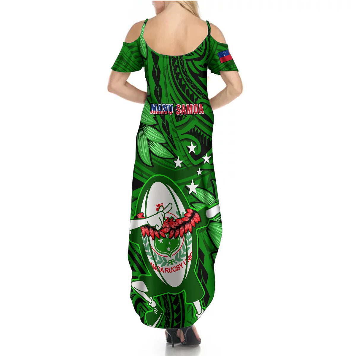 Samoa Rugby Summer Maxi Dress Manu Samoa Ula Fala Dabbing Ball Polynesian Green Version LT14 - Polynesian Pride