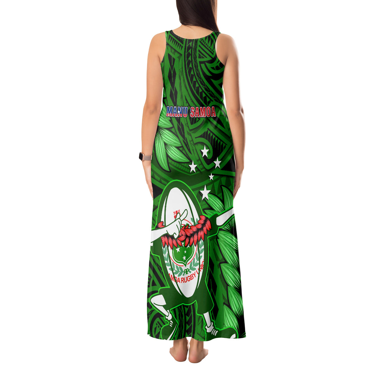 Samoa Rugby Tank Maxi Dress Manu Samoa Ula Fala Dabbing Ball Polynesian Green Version LT14 - Polynesian Pride