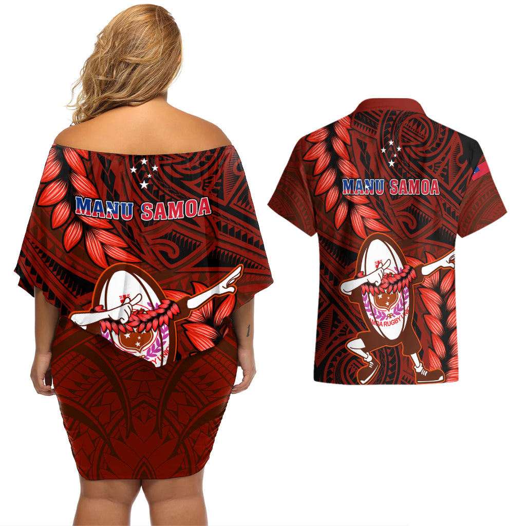 Samoa Rugby Couples Matching Off Shoulder Short Dress and Hawaiian Shirt Manu Samoa Ula Fala Dabbing Ball Polynesian Red Version LT14 - Polynesian Pride